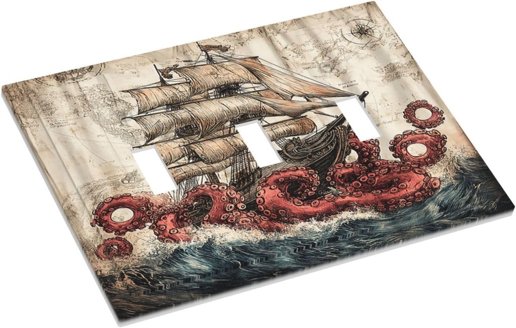 Decorative Switch Plates Vintage Octopus Ocean Sailboat Bizarre Adventure 3 Gang Wall Plate Faceplate Triple Toggle Light Switch Cover Electrical Wall Panels for Bathroom Kids room Decor