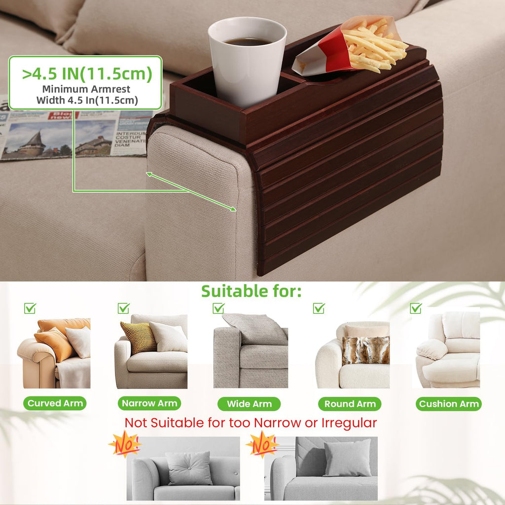 GEHE Couch Cup Holder, Anti Falling Sofa Arm Tray, Natural Bamboo Sofa Cup Holder More Safe for You Family, Portable Couch Arm Tray Armrest Table for Remote, Snacks, Phone, Drinks