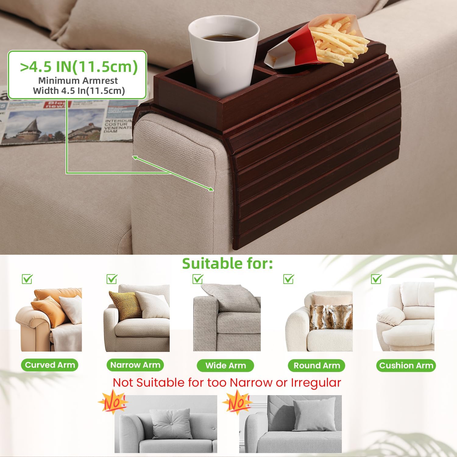GEHE Couch Cup Holder, Anti Falling Sofa Arm Tray, Natural Bamboo Sofa Cup Holder More Safe for You Family, Portable Couch Arm Tray Armrest Table for Remote, Snacks, Phone, Drinks