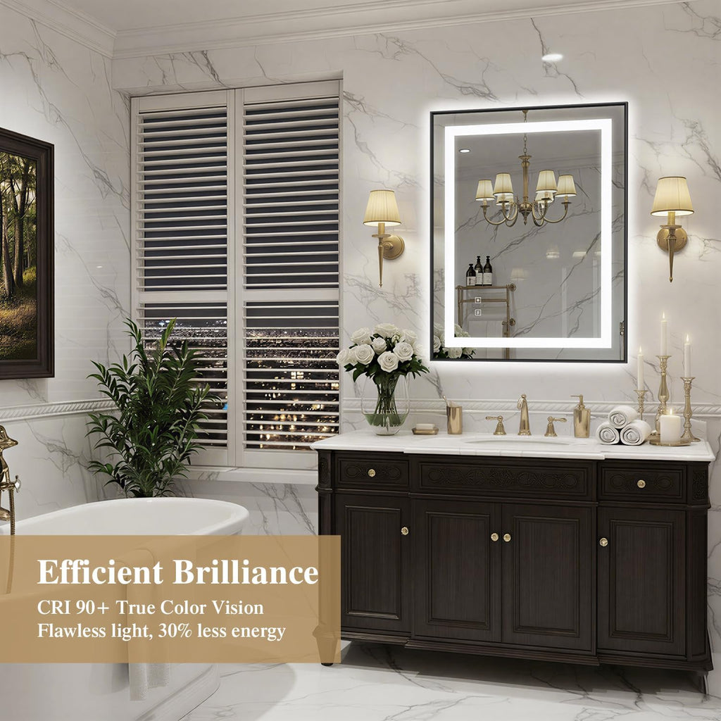 24X32 Inch LED Bathroom Mirror with Lights, Black Frame Frontlit+ Backlit Bathroom Vanity Mirror for Wall, Ultra-Clear Tempered Glass, Shatter-Proof, Anti-Fog and Memory Function, ETL Listed