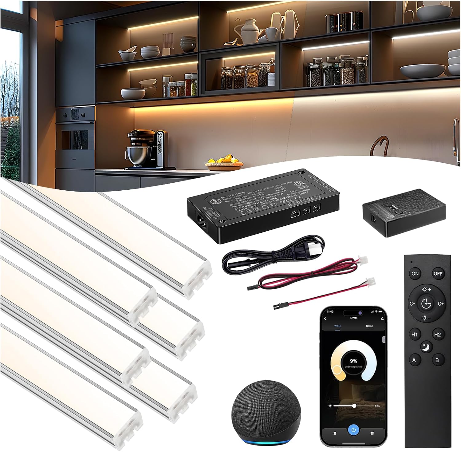 VST Smart Under Cabinet Lighting 6 Bars - UL Listed CRI 93+ Adjustable COB Strip Lights, Alexa & Google Home Compatible, App/Voice/Hand Wave Control for Kitchen Cabinets & Closets