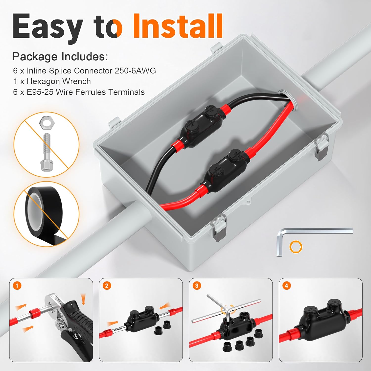 Joinfworld Insulated Inline Splice Connector 250CMC-6 Gauge Aluminum to Copper Wire Connectors Aluminum Wire Connectors Electrical Inline Splice Connector with 5/16" Slotted Allen Hex - 6 Pack