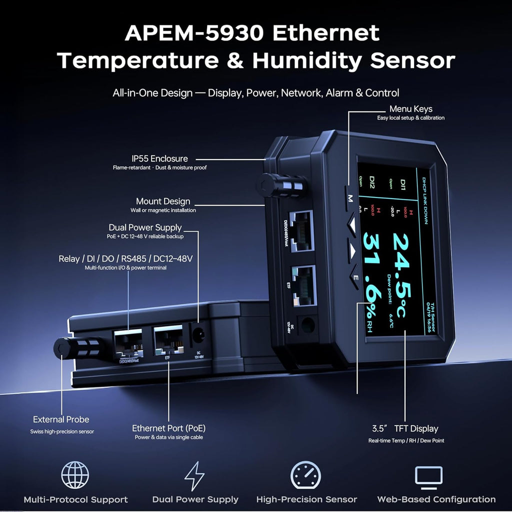 APEM-5930 Ethernet Temperature Humidity Sensor, PoE Server Room Monitor with Web Interface, SNMP Modbus MQTT Support, Dual Power, IP55, Data Logging, Alarm & Relay Output for IT & Industrial Use