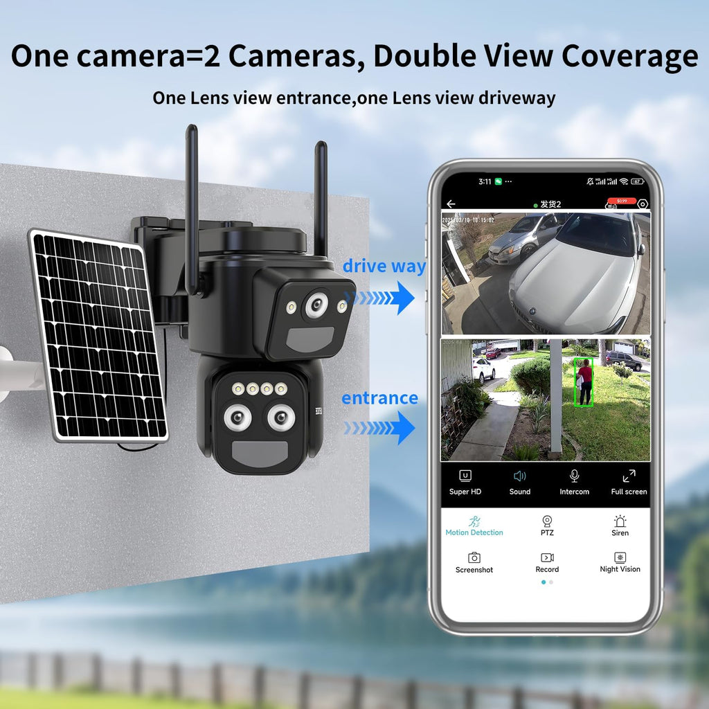 Security Cameras Wirelss Outdoor Solar Powered for Home Security, 360 View Outside Camera,Motion Detection,10x Hybrid Zoom PAN Tile,i IP-65 Weather Proof (3 Lens Hybrid Zoom)