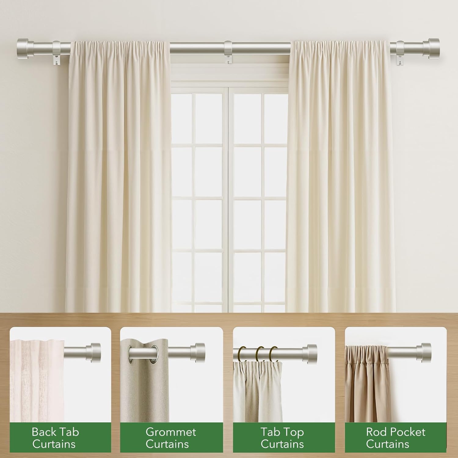 Curtain Rods for Windows 72 to 144, 1 Inch Adjustable Heavy Duty Long Window Drapery Rods with End Caps, Indoor Outdoor Curtain Rod for Patio Bedroom, Size 32" - 150", Brushed Nickel