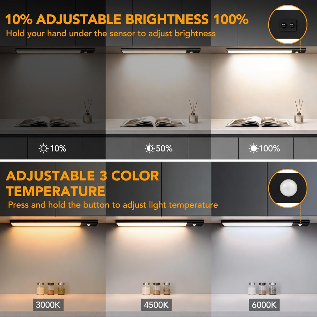 80 LED Motion Sensor Under Cabinet Lights with Hand Wave, 3 Color Temps Indoor Dimmable Closet Light, Rechargeable Wireless Magnetic Strip Night Lights for Hallway, Stairway, Wardrobe(2 Pack, 12 inch)
