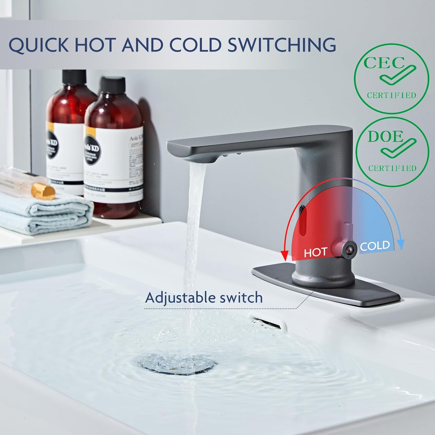 DIY No Drill Gunmetal Gray Sink Faucet with Hole Cover,Touchless Bathroom Faucet Automatic with Motion Sensor for Hygiene.Meets CEC WaterSense Standards.