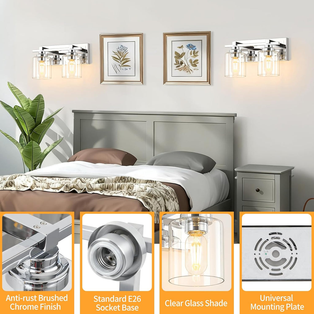 2 Light Modern Bathroom Light Fixtures Over Mirror, Chrome Vanity Lights for Bathroom Wall Sconces with Clear Glass Shades, E26 Socket (Bulbs Not Included)