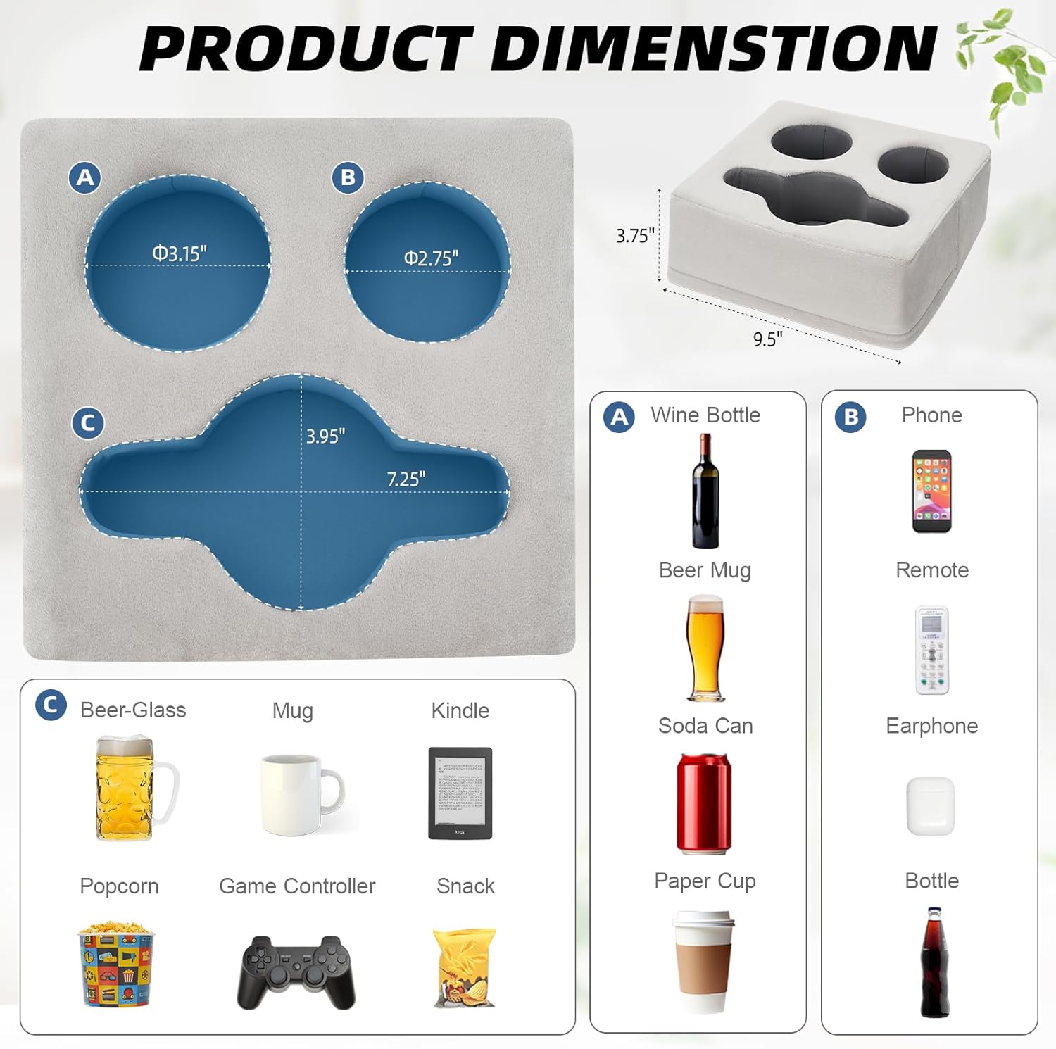 G GOOD GAIN Couch Cup Holder Pillow, Spill-Proof Sofa Drink Cup Holder & Multi-Use Organizer for Sofa, Bed, Car, Beach - Holds Mugs, Phone, Snacks, Remote Control, KeepTemp Design (LightGrey)
