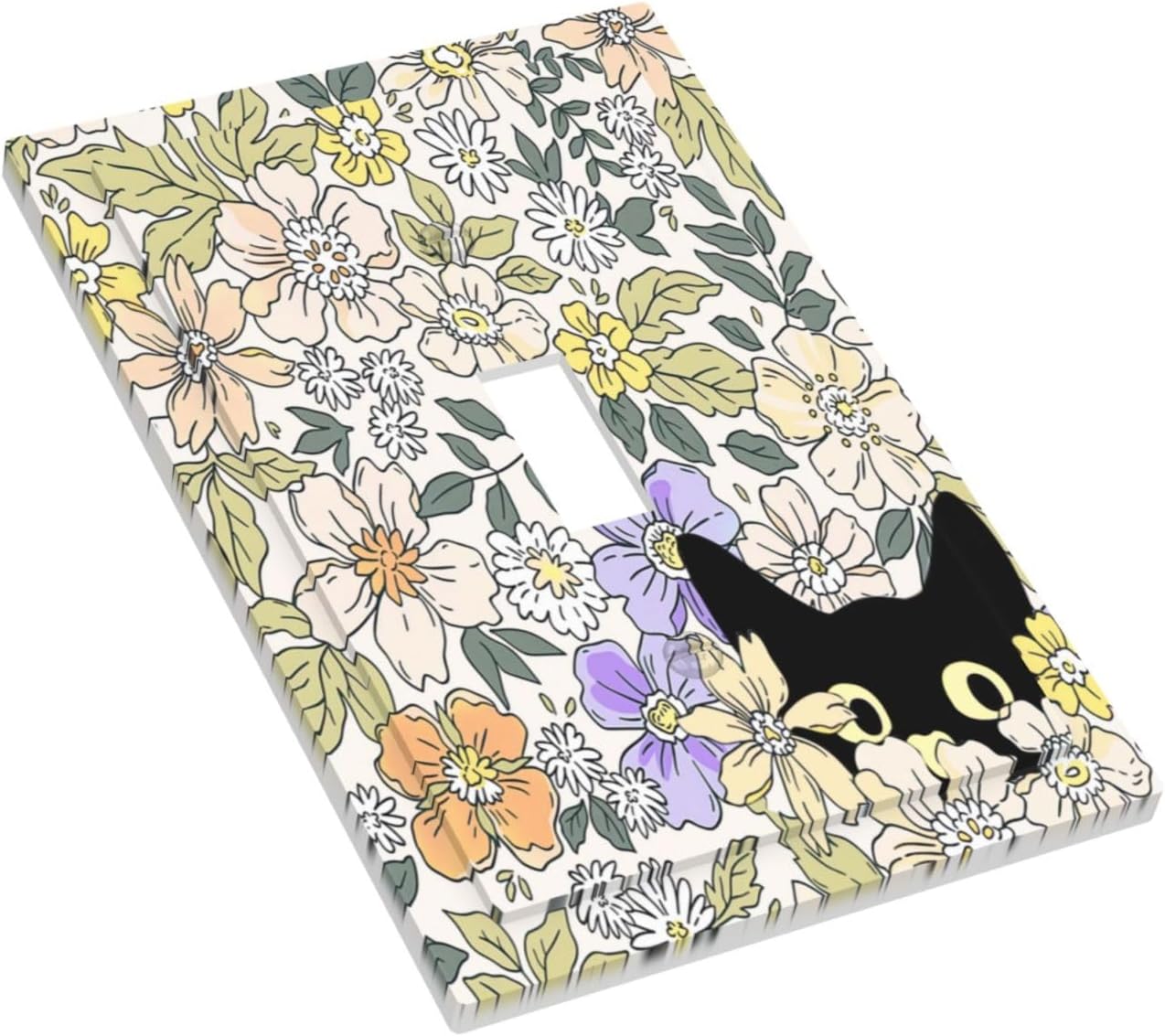 Decorative Light Switch Plate Covers Cute Black Cat in a Flower Patch Botanical Garden 1 Gang Wall Plate Single Toggle Light Switch Covers Artistic Faceplate for Bedroom Decor（2 Pack）