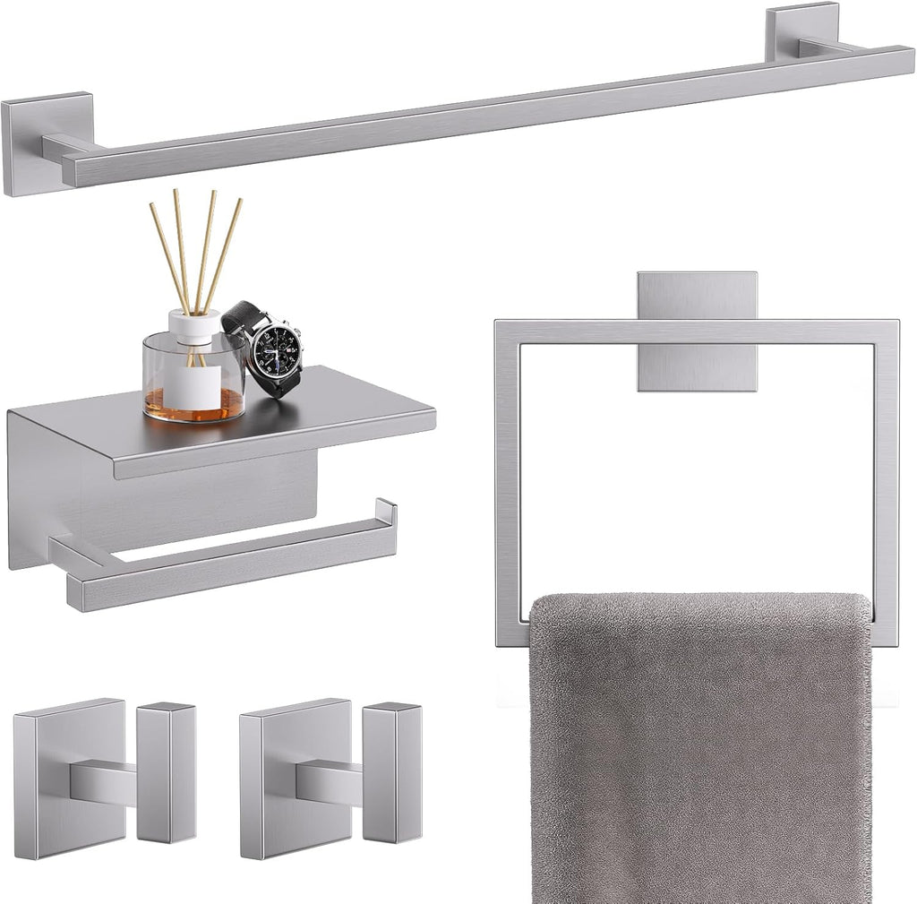 TQKAG 5-Pieces Brushed Nickel Bathroom Hardware Accessories Set 23.6" SUS304 Stainless Steel Towel Bar Set Wall Mounted Square Toilet Paper Holder with Shelf