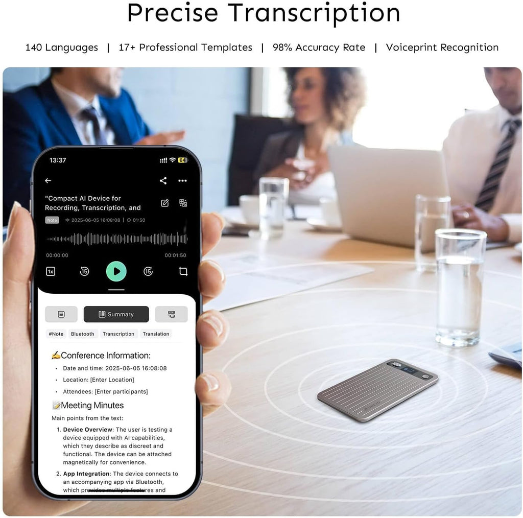 AI Voice Recorder with App Control : AI Transcription, Summarization & Mind Maps, Portable AI Note Taking Device with Case 64GB Memory Recording for Calls, Speeches, Meetings, Interviews-Titanium Gray