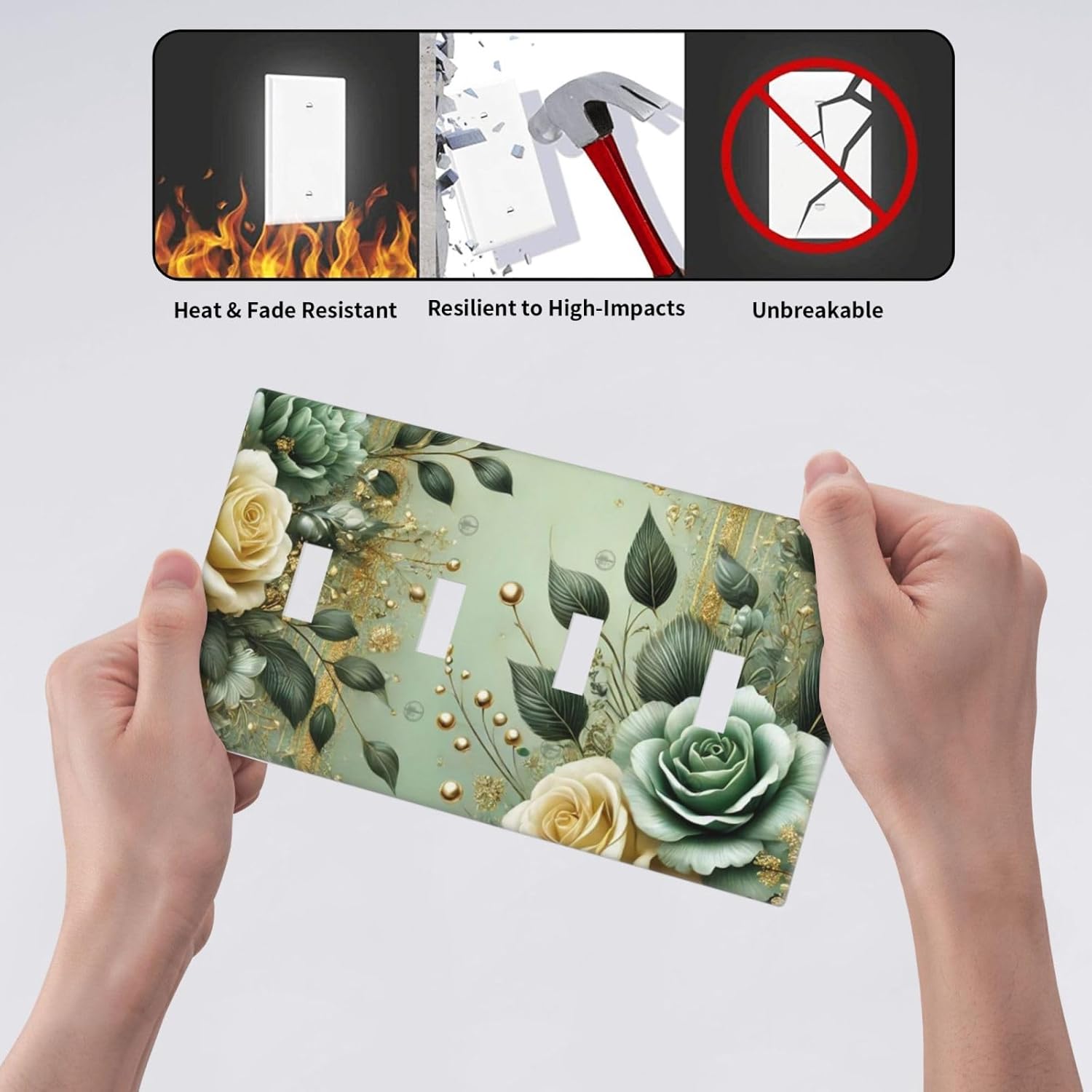 Decorative Light Switch Cover Plate Rustic Green Floral Leaves Teal Flowers Gold Stripe 4 Gang Wall Plate Oversized Quad Toggle Switch Cover Plate Jumbo Faceplate