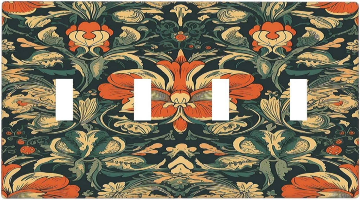 Light Switch Covers William Morris Abstract Floral Plant Pattern Orangeyellowgreen Quad Toggle Electrical Faceplate 4 Gang Wall Plate Decorative Switch Plates for Bedroom living Room Decor