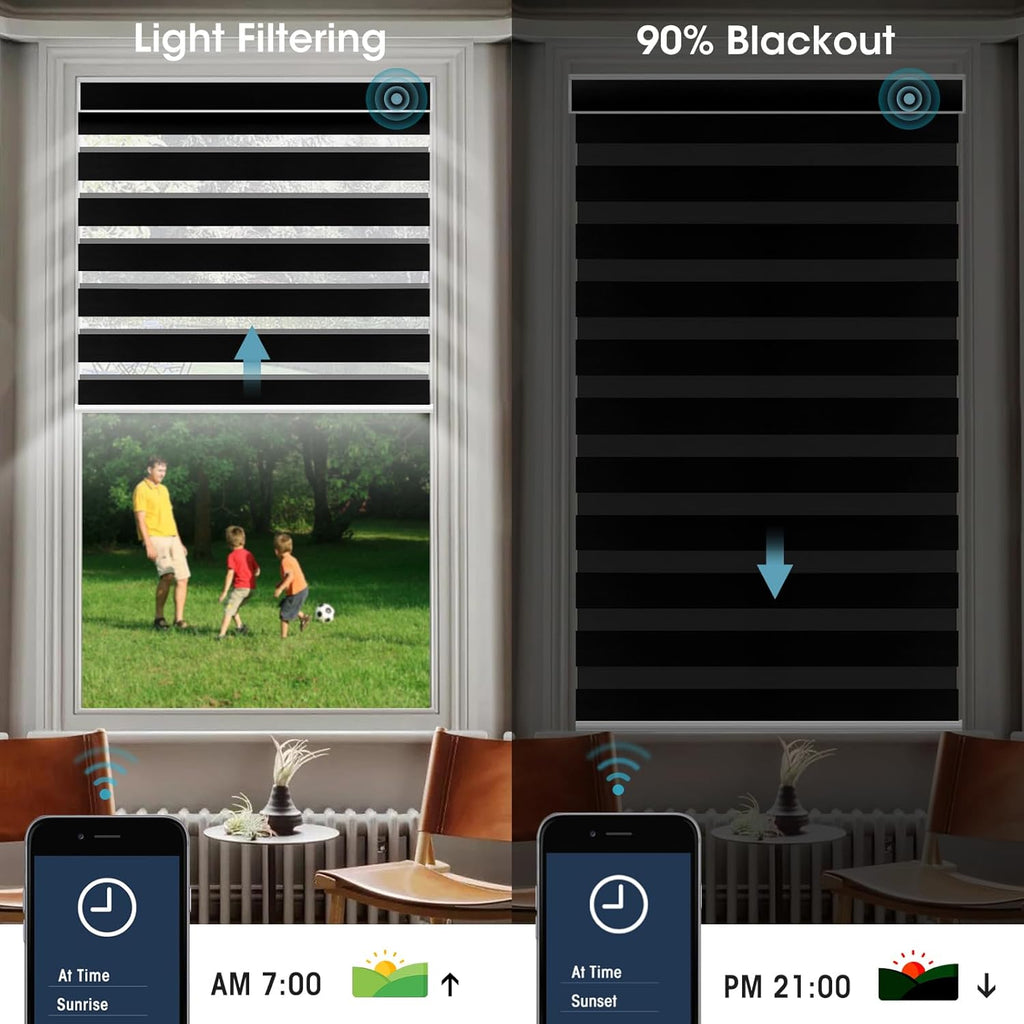 SmartWings Motorized Zebra Shades with Valance Work with Homekit Thread Alexa Z-Wave Smart Dual Layer Shades with Remote Control, Automatic Horizontal Window Blind, 90% Blackout 95mm Astrid Black