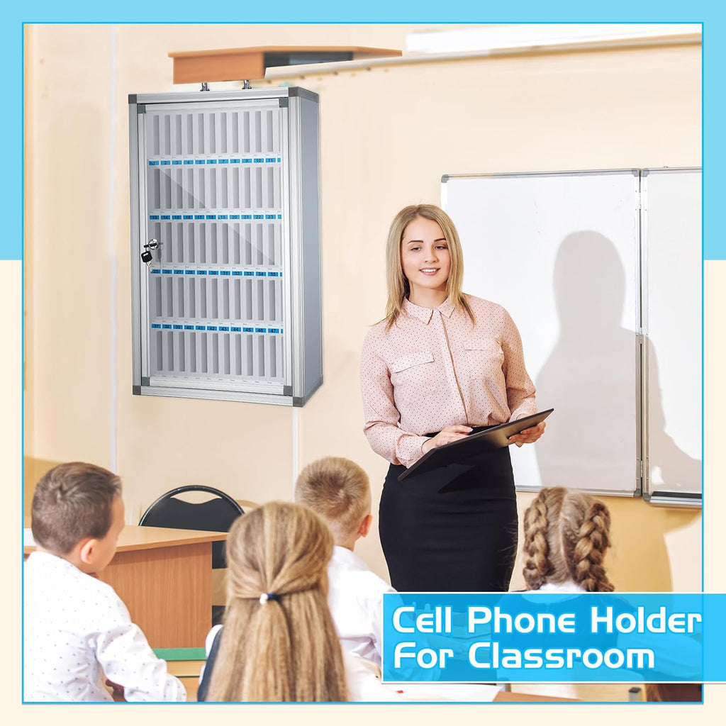 Amylove 60 Slots Cell Phone Locker Cabinet Aluminum Alloy Pocket Chart Storage Locker Box Cabinet Wall-Mounted Cell Phones Storage Box with Handle for Office Classroom Gym (White)