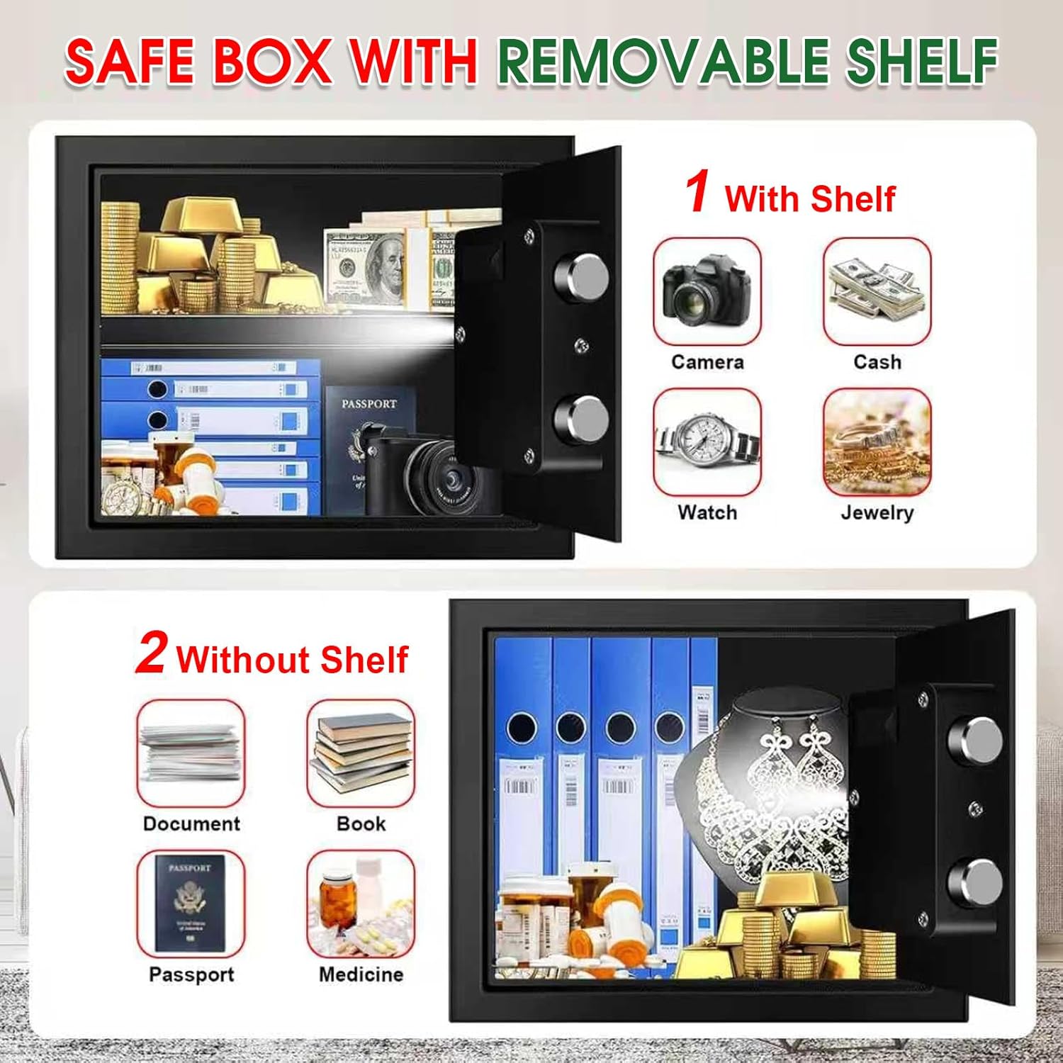 1.3 Cubic Feet Small Fire Safe Box for Home, Fireproof Safety Lock Box with Digital Keypad, Spare Keys and Removable Shelf, Personal Security Home Safes for Money, Jewelry, ID Documents