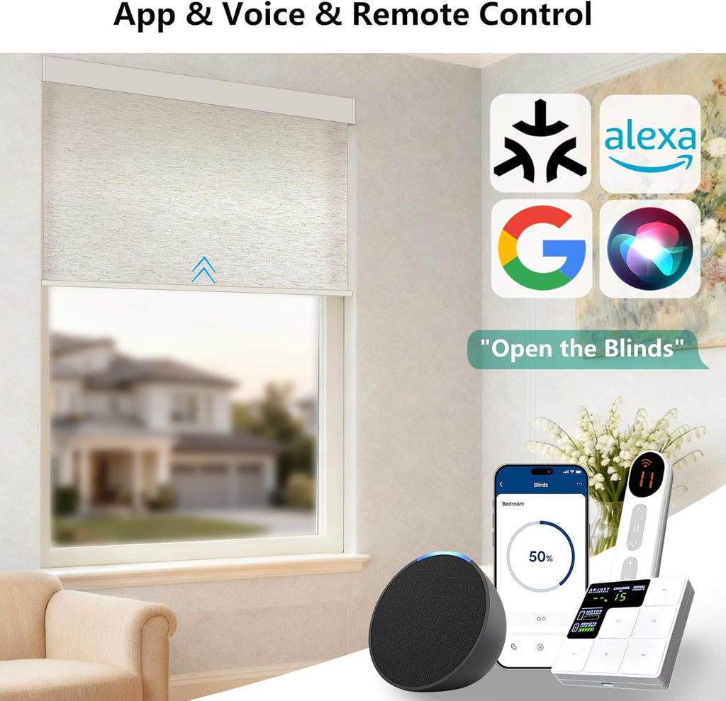 Smart Motorized Blinds – 70% Blackout Roller Shades with Remote, Alexa/Google Home/Siri Control, Matter Compatible, Wireless Rechargeable Battery, Custom Sizes for Windows & Sliding Doors