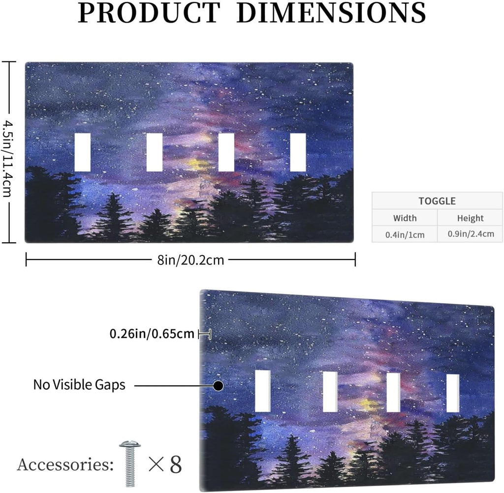 Light Switch Covers Dream Milky Way Starry Forest Pine Watercolor Painting Quad Toggle 4 Gang Wall Plate Electrical Faceplate Decorative Switch Plates for Bedroom Home Decor