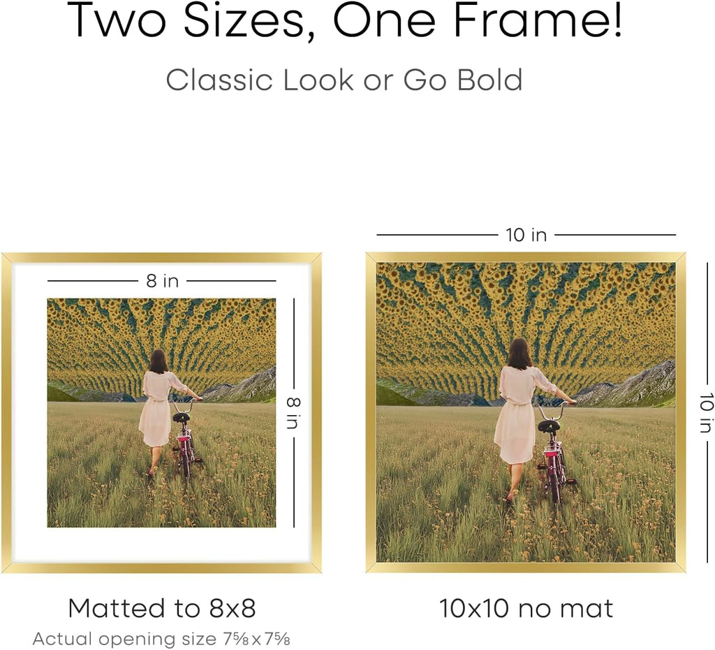 Homeforia Square 10x10 Gold Frame, High End Metal 10 by 10 Picture Frames with Mat 8 x 8, 10by10 Thin Poster Frame Matted to 8x8 inch Photo, Wall or Tabletop Frames, Tempered Glass, Wall Kit, Set of 3