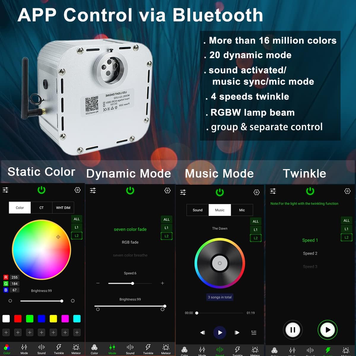 AZIMOM High Brightness 32W Twinkle Fiber Optic Light Source RGBW Light Box Engine Diver Bluetooth/RF Remote Control Music Sensor Mode for Car Home Star Ceiling Light Effect Decoration