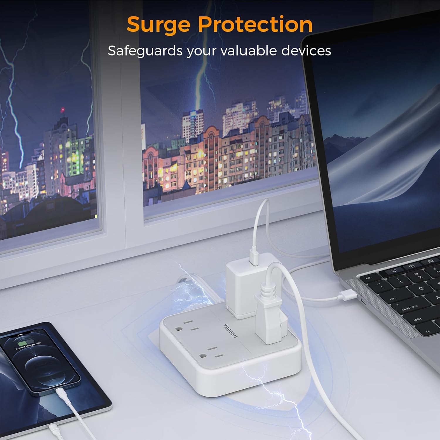 10 FT Surge Protector Power Strip, TESSAN Extension Cord Flat Plug with 4 Widely Outlets Extender, Indoor Desk Charging Station with Surge Protection for Home, Office Supplies, Dorm Room Essentials