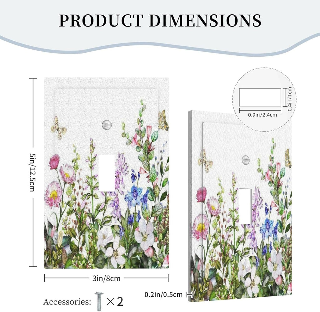 Boho Colorful Wildflowers Butterfly Green Plant Leaf 1 Gang Light Switch Covers Single Toggle Wall Plate Decorative Switchcover Electrical Switchplate for Country Bathroom Bedroom Decor