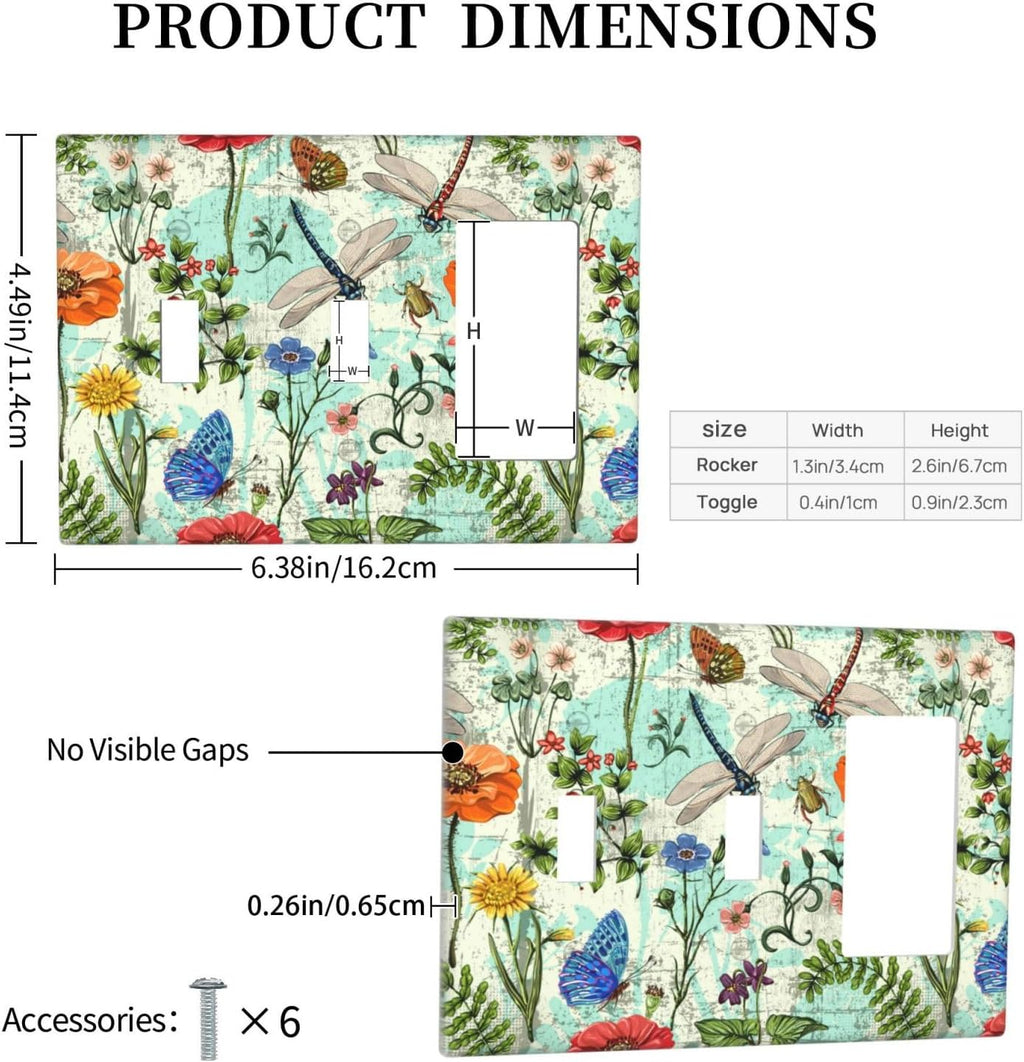 Dragonflies Flowers Butterfly 3 Gang Toggle Toggle Rocker Outlet Light Switch Cover Decorative Wall Plate Cover For Home Living Bedroom Kitchen Decorative