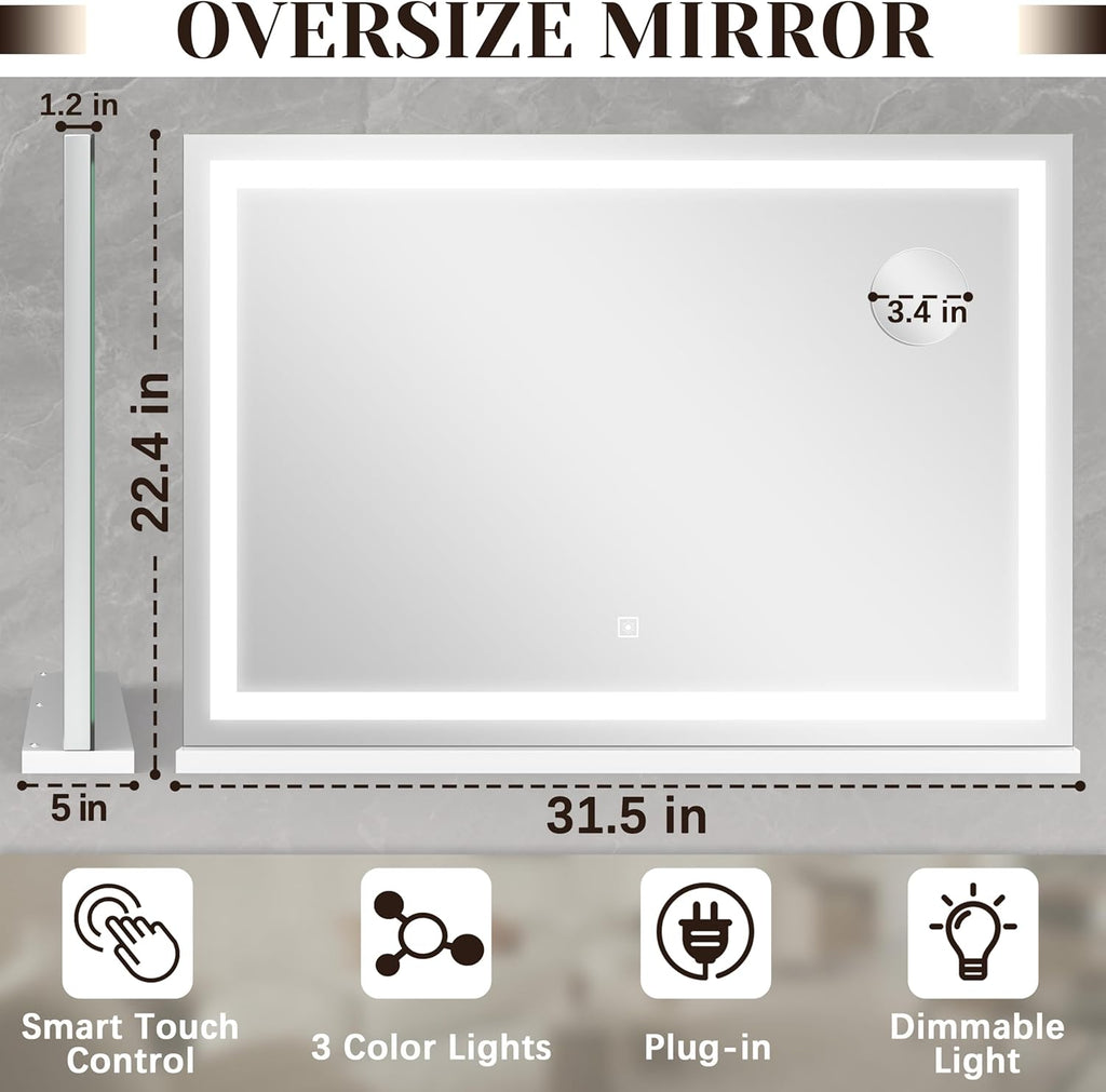 ROLOVE 31" x 22" Large Lighted Vanity Mirror with Lights, Dimmable 3 Modes, LED Makeup Mirror for Bathroom ＆ Dressing Room, Tabletop or Wall-Mounted, 10X Magnification, White