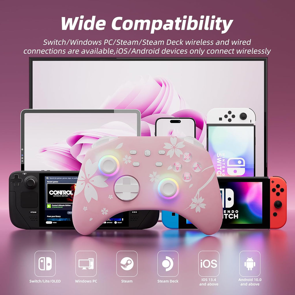 Mytrix Wireless Controllers for Switch/Switch 2, Windows PC iOS Android Steam/Steam Deck, Sakura Pink Bluetooth Controller with Programmable, Hall Effect Joysticks, Adjustable LED Light/Turbo/Vibration
