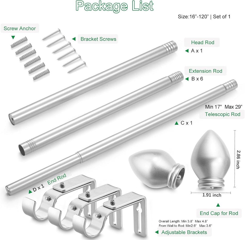 Curtain Rods for Windows 16 to 120 inches, Curtain Rod Max Adjustable Length to 132 in, Drapery Rod 1 inch Diameter with Modern Knobs Finials (Satin Silver, 16" to 120" - Set of 1)