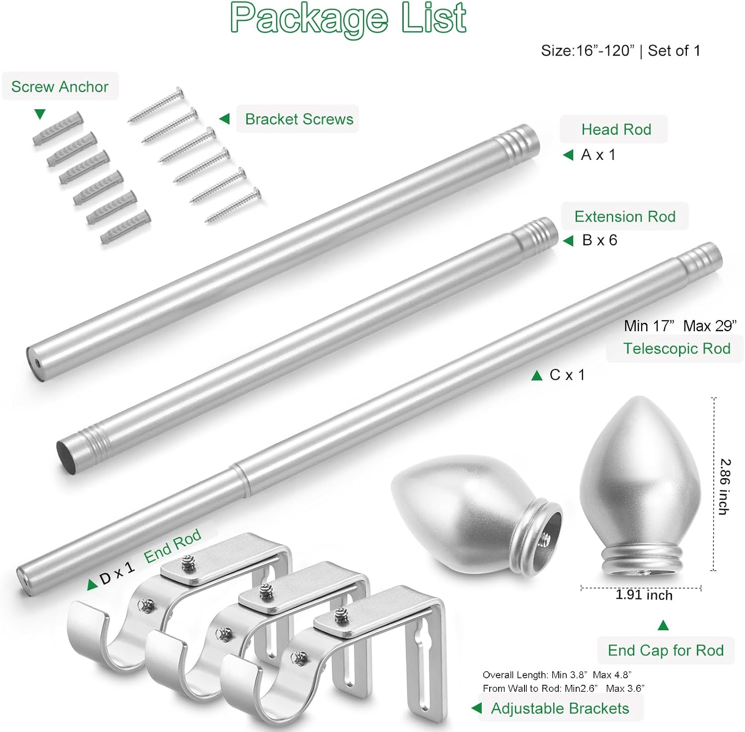 Curtain Rods for Windows 16 to 120 inches, Curtain Rod Max Adjustable Length to 132 in, Drapery Rod 1 inch Diameter with Modern Knobs Finials (Satin Silver, 16" to 120" - Set of 1)