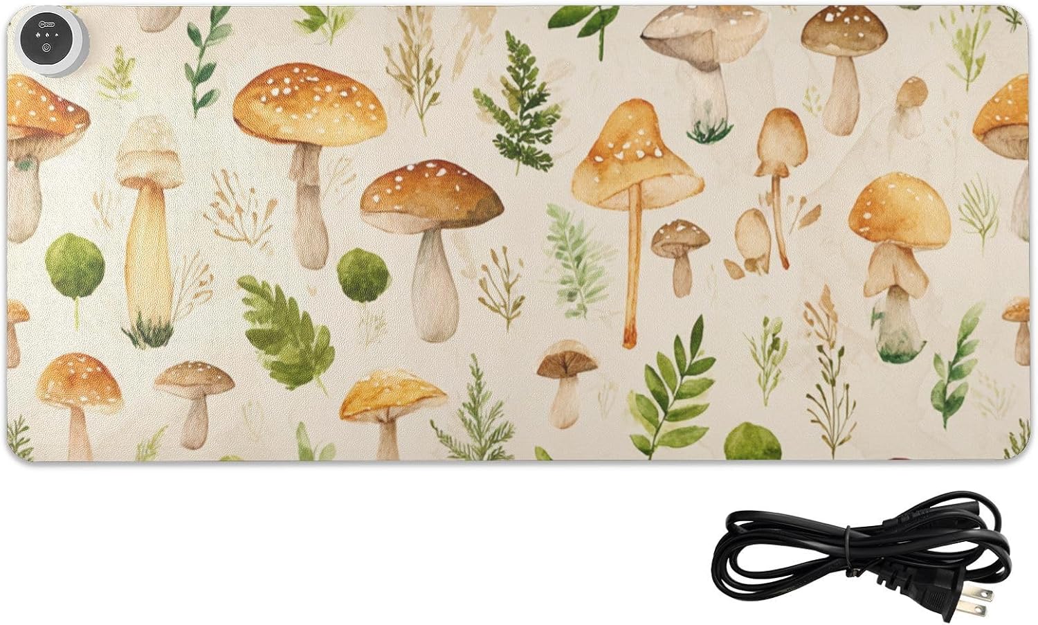 Heated Desk Pad Mouse Pad 31.5x13 Inch PU Leather Desk Mat with 3 Heat Levels Large Mouse Gaming Computer Laptop Mat Watercolor Mushrooms Beige