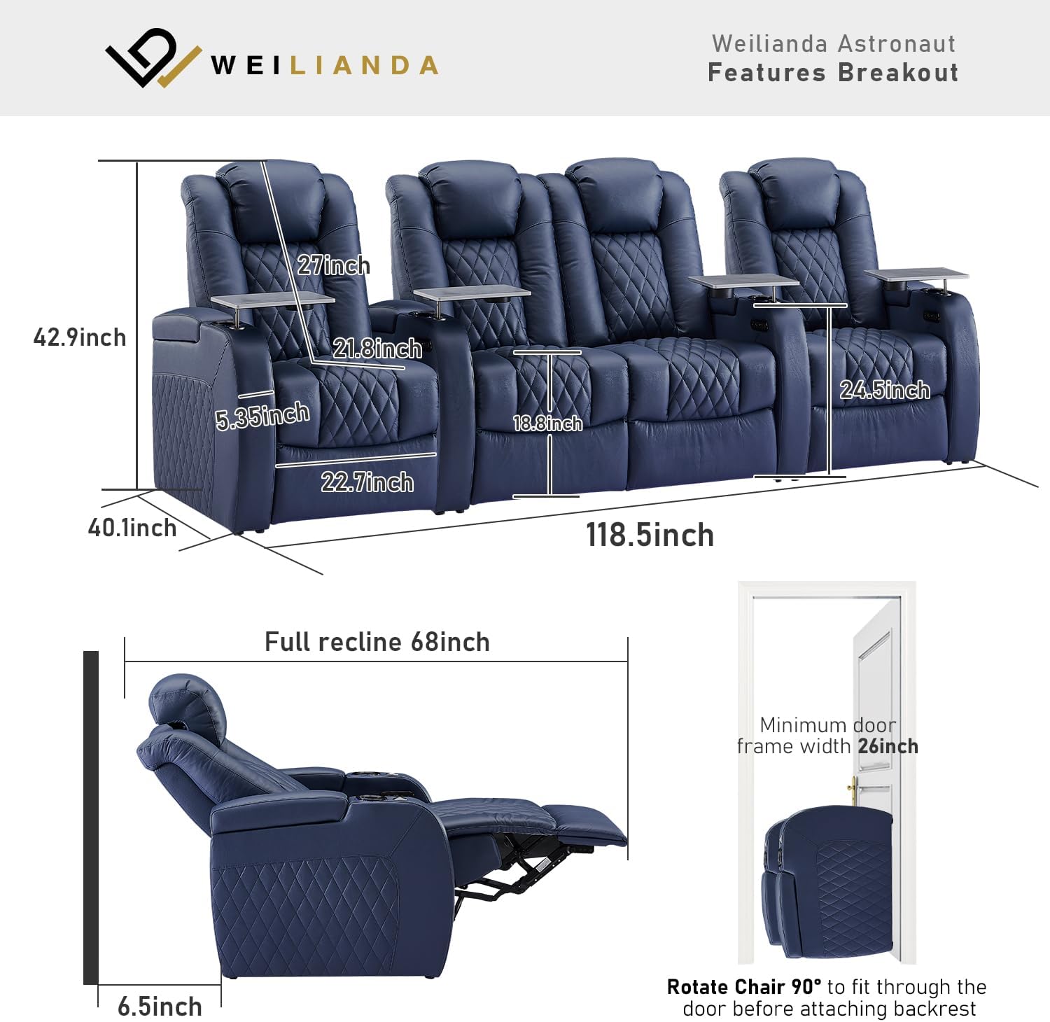 Weilianda Home Theater Seating Top Grain Leather Zero Gravity Recliner Chair Power Headrest Recline Movie Seat Gaming 7 Colors Mood Light Sofa with Tray Table USB Charge Row of 4 Loveseat Middle Blue