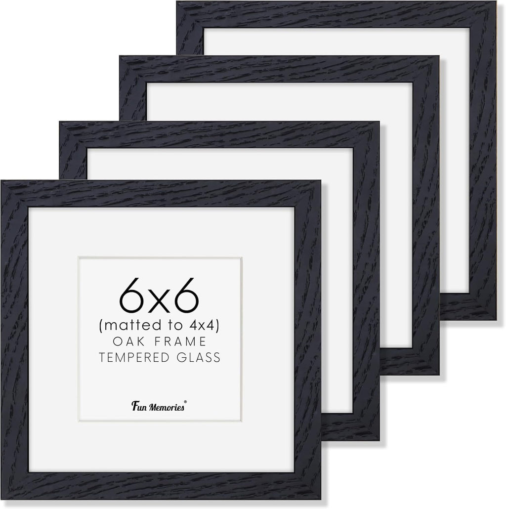 6x6 Picture Frames, Solid White Oak Wood Frame 6 x 6 with Stand for Wall & Tabletop Display, Rustic Wooden Photo Frame 6 by 6 with Real Glass, 6x6 Frame Matted to 4x4, Black Color, Set of 4