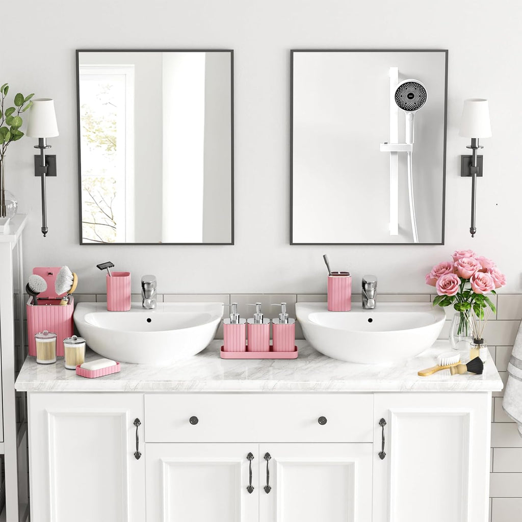 Bathroom Accessory Set - Bathroom Set, 12PC Bathroom Accessories Set, Pink Bathroom Accessories Set, Mini Trash Can, Toilet Brush, Trash Can & Soap Dispenser