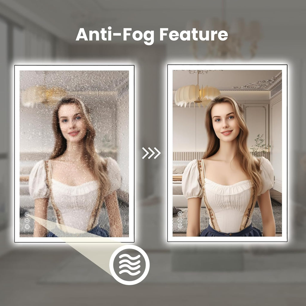 WTTY 28"X36" LED Bathroom Mirror with Black Frame, Bathroom Vanity Mirror with Lights for Wall, Front Light and Backlit, Anti-Fog, Dimmable, 3 Colors, Shatterproof, Memory, Horizontal/Vertical