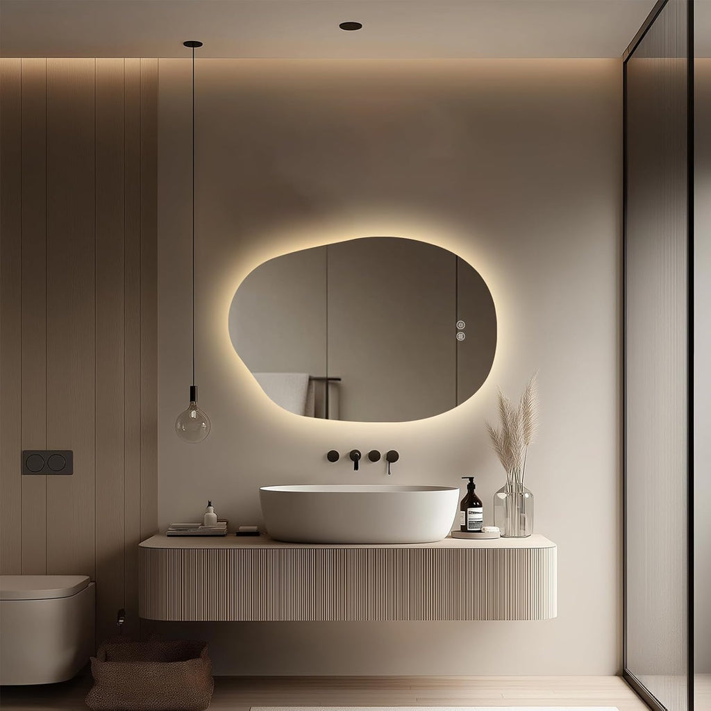 LED Bathroom Mirror with Lights 26x38, Stepless Dimmable Irregular Backlit Mirror with 3 Colors, Anti-Fog, Memory, Al-Alloy Lampshade, Frameless Vanity Mirror for Bathroom (Horizontal/Vertical)