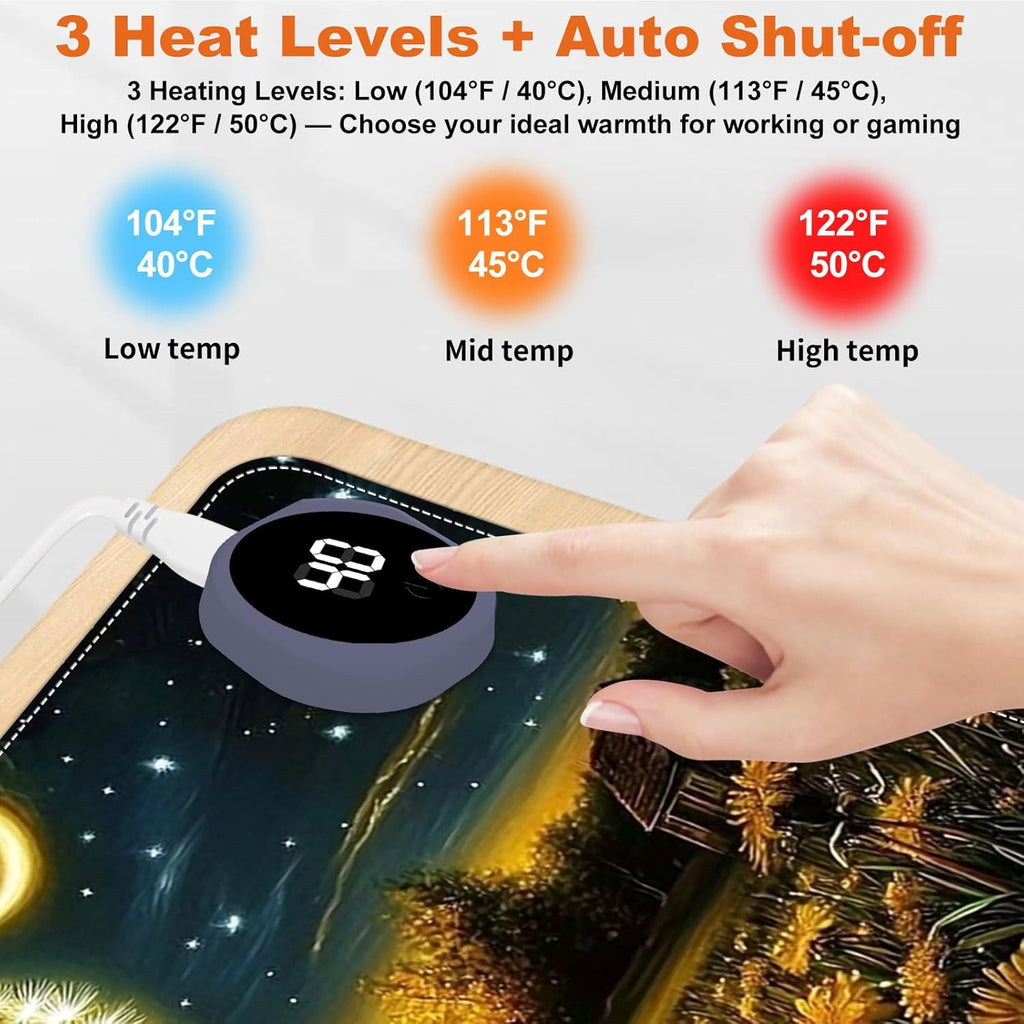 Small Heated Desk Pad 23.6" x 14.2" – Compact Electric Mouse Pad with 3 Heating Levels, Auto Shut-Off, Waterproof PU Surface, Plug-in Warmer for Office or Home Use, Mouse with Dandelion