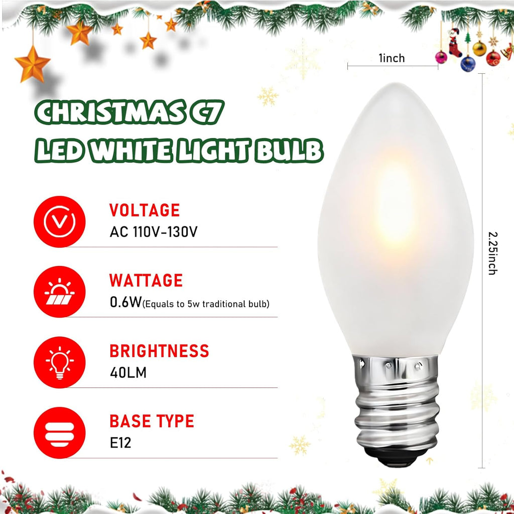 C7 LED Frosted Christmas Light Bulb,25 Pack 0.6W C7 LED Replacement Lights Bulbs with E12 Base,Frosted White 2700K Shatterproof Vintage Bulbs for Chandeliers Candle Christmas String Lights