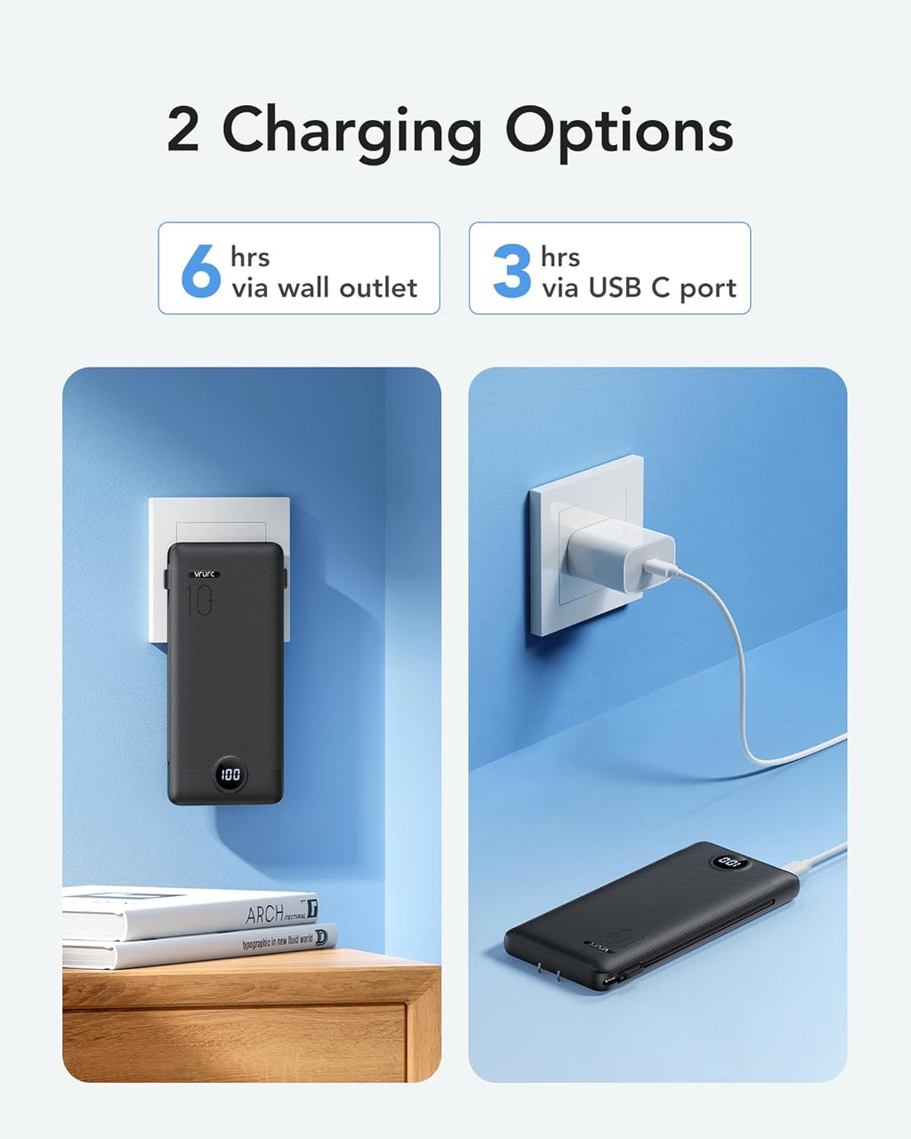 VRURC Portable Charger with Wall Plug, 10000mAh Slim Portable Charger Built in Cables,PD 20W Fast Charging Power Bank with Cords,USB C Portable Phone Charger Travel Accessories -Black(1 Pack)