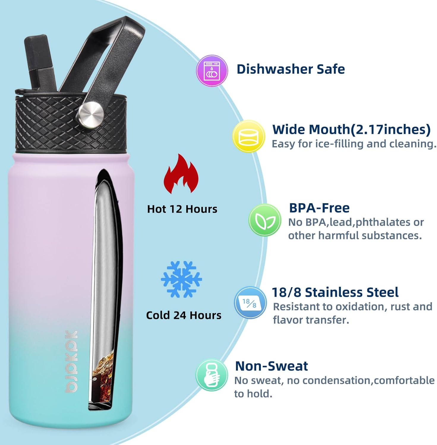 BJPKPK 2 Pack Insulated Water Bottles with Straw Lids, 18oz Stainless Steel Metal Water Bottle with 6 Lids, Leak Proof BPA Free Jugs, Cups, Flasks for Travel, Sports (Lavender Green+Black)