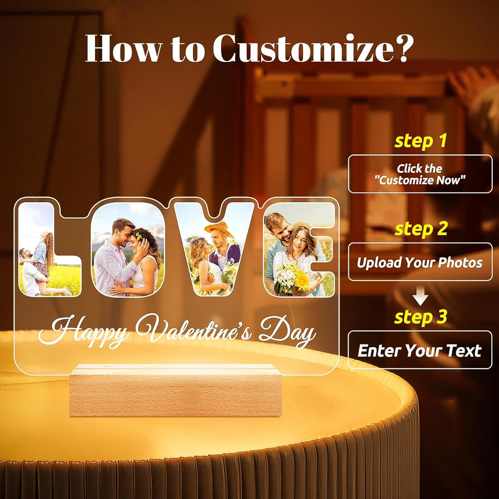 Custom Picture Frames with Photo, Personalized Photo Frame with Night Light, Customized Couples Gifts, Personalized Anniversary Valentines Day Gifts for Women Men Her Him Girlfriend Boyfriend