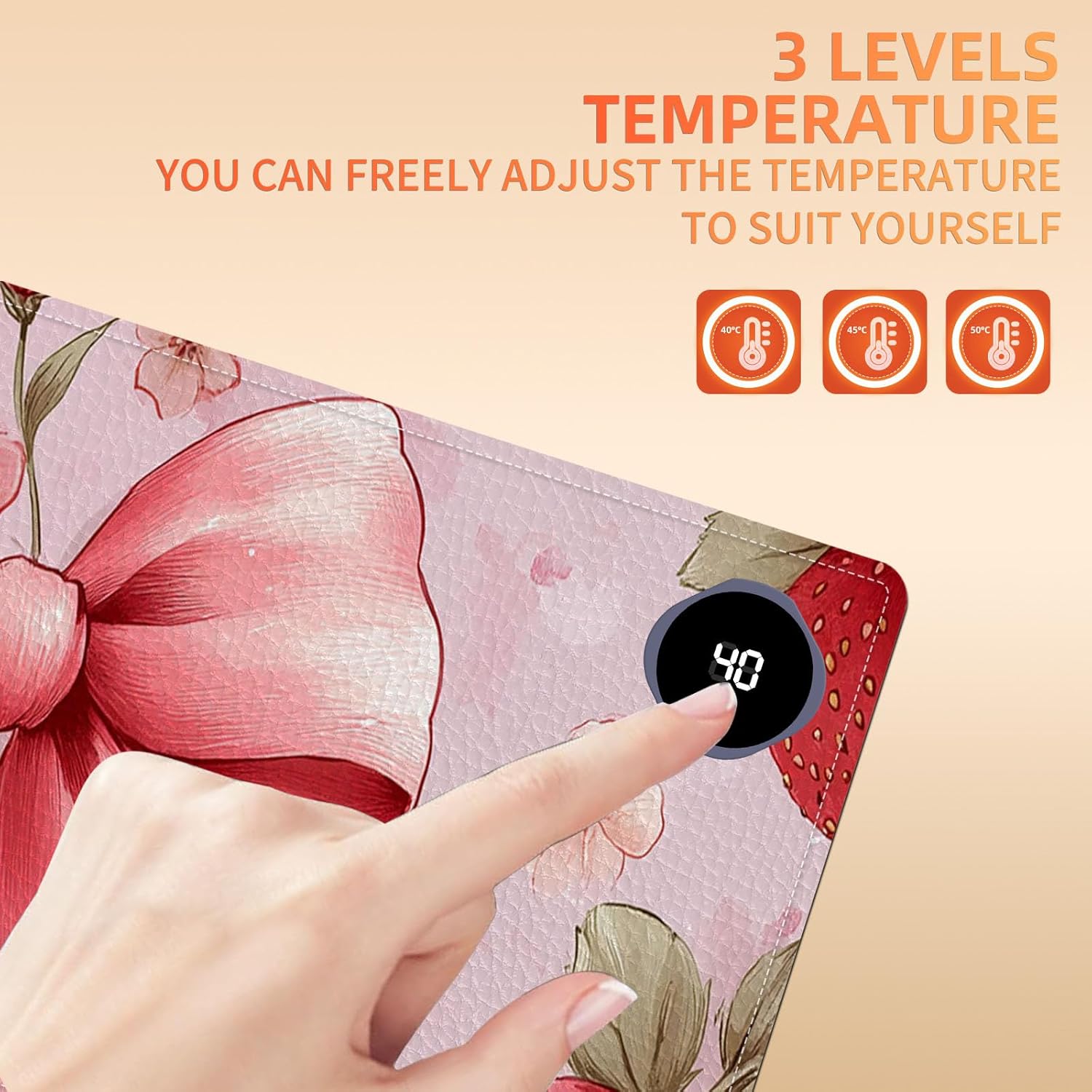 Heated Mouse Pad 31.5x13 in 3-Temp Fast Heating Desk Mat with Auto Timer Warmer for Hands Wrist Pain Relief Waterproof Keyboard Mat for Office, Gaming, Home, Pink Bow Floral
