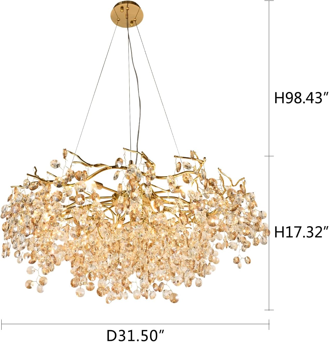 Modern Crystal Chandelier, Rectangular Gold Tree Branch Chandeliers, Luxury Raindrop Ceiling Light Fixture for High Ceiling, Dining Room, Kitchen, Office, Living Room