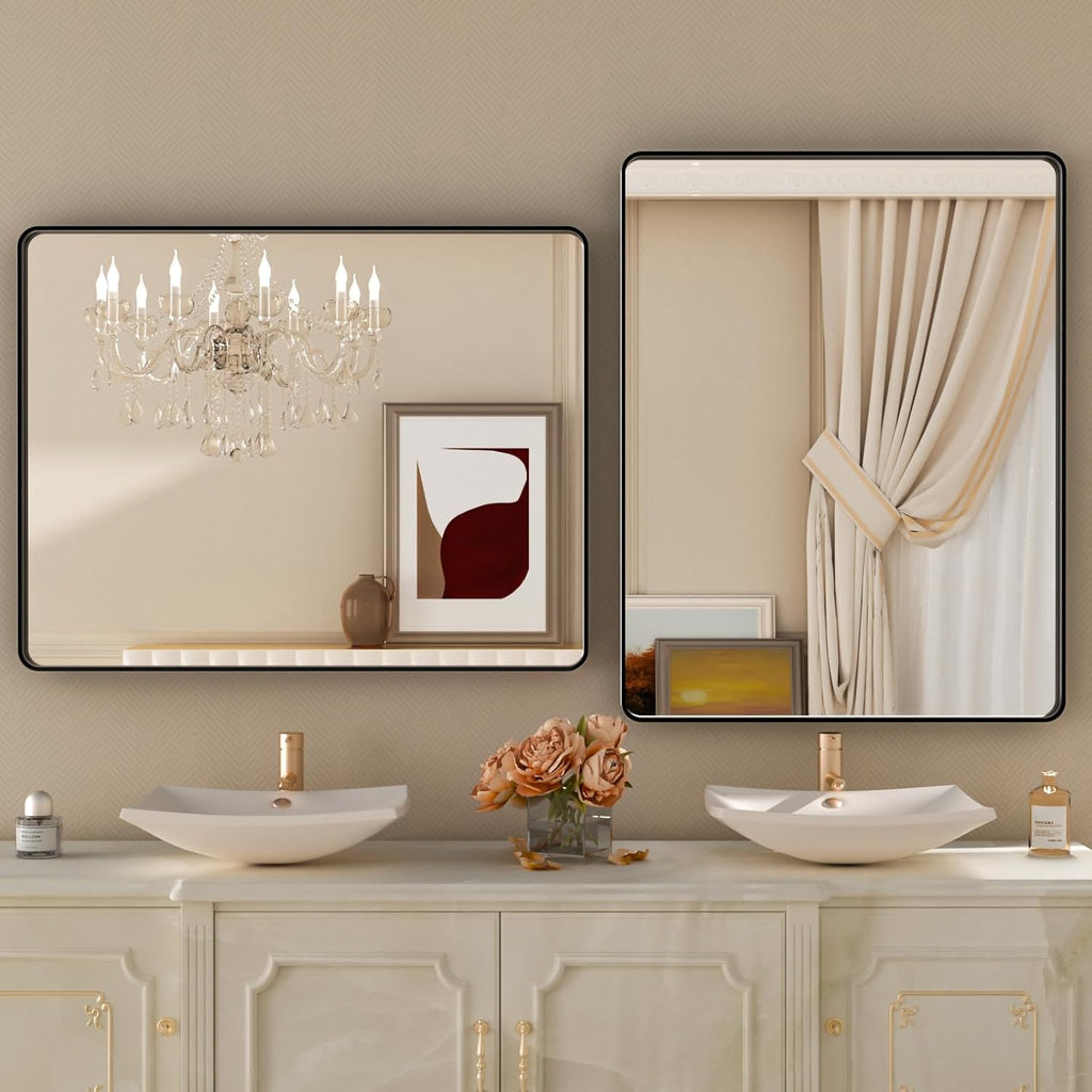 24x32 Inch Black Framed Bathroom Mirror,Matte Metal Frame Vanity Mirror,Round Corner,Farmhouse,Decorative Wall Mounted Rectangle Mirror