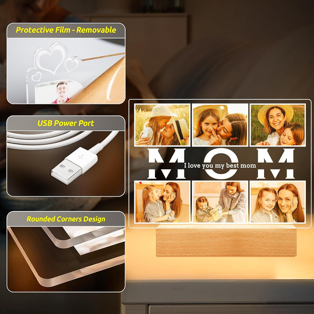 Personalized Birthday Gifts for Mom from Daughter Son, Custom Collage Picture Frames with Photos, Customized Photo Frame with Night Light, Personalized Gifts for Mom Kids Baby Family