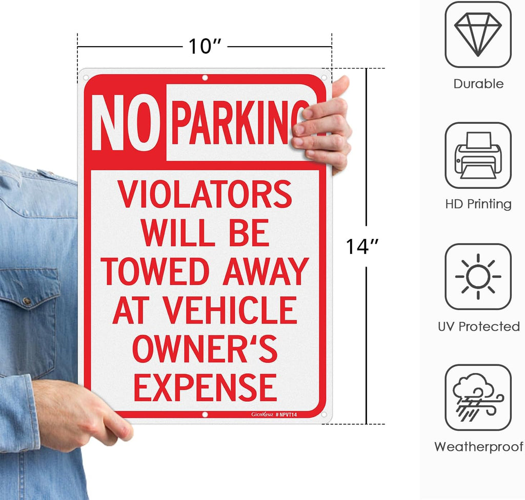 GicnKeuz Large No Parking Signs,14x10 Inches Violators Will Be Towed Away at Vehicle Owner's Expense Signs, Reflective Aluminum, Fade Resistant,Indoor or Outdoor Use (4-Pack)