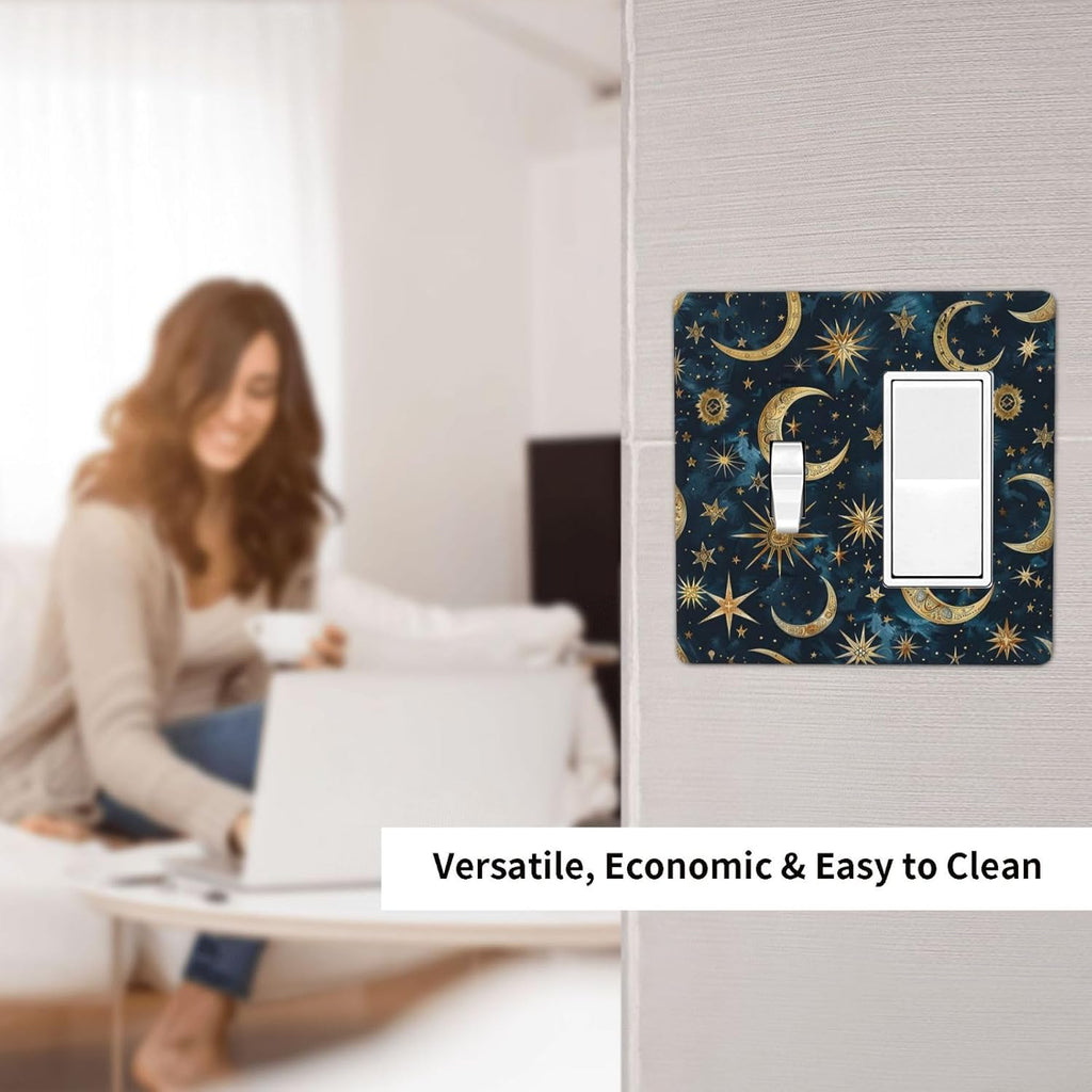 Outlet Covers Modern Abstract Sky Blue Gold Moon Sun Star 1 Toggle 1 Rocker Combination Decorative Wall Plate Electrical Switch Plates Light Switch Cover Plate for Bedroom Kids room Decor