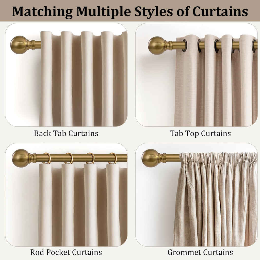 2 Pack Warm Gold Curtain Rods for Windows 48 to 84 Inch 1" Diameter Adjustable Heavy Duty Brass Window Curtain Rod with Metal Finials for Living Room Bedroom Farmhouse Kitchen Outdoor